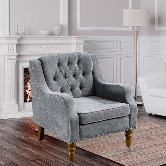 Linen Accent ChairsUpholstered Button Tufted Living Room ChairMid Century Armchair Sofa ChairsComfy Reading Chair for BedroomLiving RoomStudy (Grey 1)