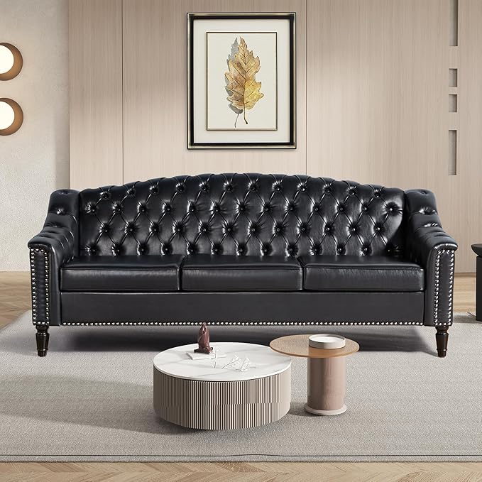 AVZEAR 3 Seater Large Sofa Chesterfield Sofa Set 80 Mid-Century Modern PU Sofa Upholstered Couch with Nailhead Trim and Button Tufted for Living Room Office Bedroom Black