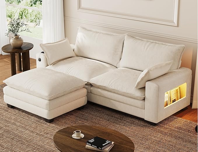80 L Shaped Sofa Sectional Cloud Couch with Ottoman Modern Chenille Fabric Sofa with Wide Armrest Storage Charging Station Led Lights for Living Room Bedroom and Apartment White