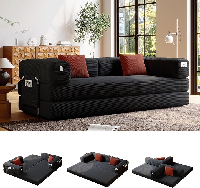 5-in-1 Folding Convertible Sofa Bed Loveseat Sleeper with Pull-Out Bed Floor Sofa Modular Futon Couch 79 Oversized Corduroy Upholstered Boneless Couch for Living Room Bedroom Lounge Grey-A