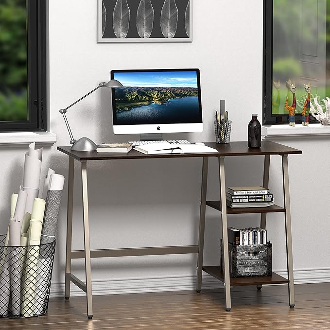 SHW 43-Inch Home Office Trestle Computer Desk with Open Storage Shelves Espresso