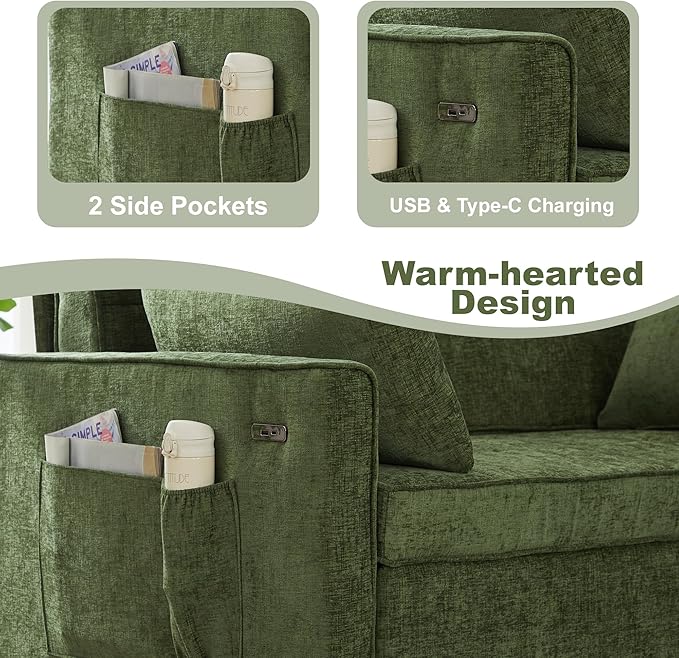 Tbfit 57 Convertible Sofa Bed Chenille Futon Sleeper Sofa Couch with Pullout Bed USB &amp Adjustable Backrest Queen Size Pull Out Loveseat Couches for Living Room Apartment Office Dorm Green