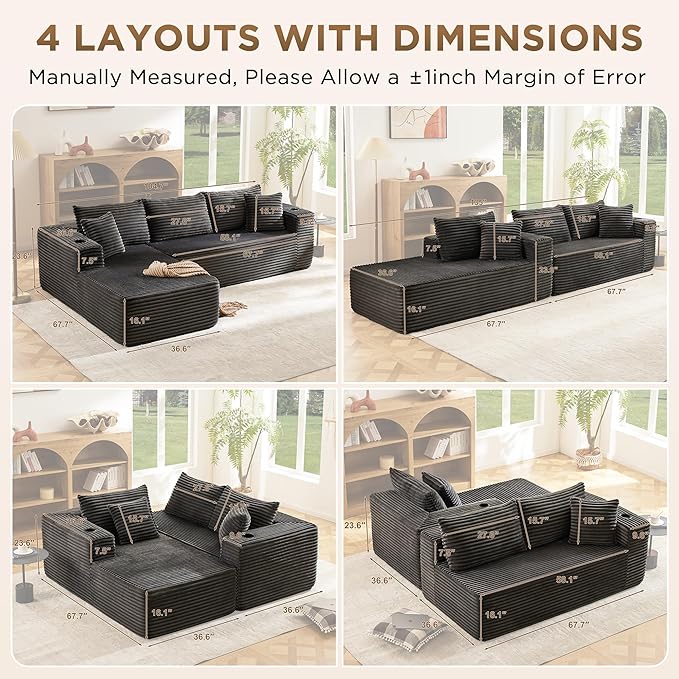Modular Compressed Sectional Sofa Set – Velvet Corduroy Upholstery Convertible Couch with Cup Holders and Pillows for Living Room Grey