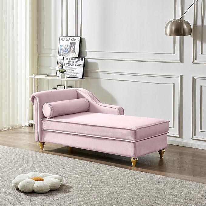 60.6 Modern Storage Chaise Lounge IndoorVelvet Upholstery Sofa Chair with1 Toss PillowsUpholstery Lounge Sofa with Gold Metal Legs for Small ApartmentLiving RoomOfficeReception AreaPink