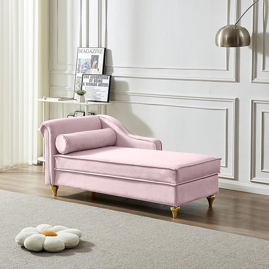 60.6 Modern Storage Chaise Lounge IndoorVelvet Upholstery Sofa Chair with1 Toss PillowsUpholstery Lounge Sofa with Gold Metal Legs for Small ApartmentLiving RoomOfficeReception AreaPink