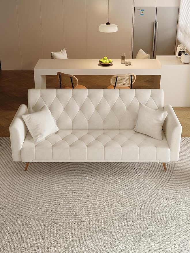 71 Convertible Velvet Futon Sofa Bed Loveseat with Multiple Adjustable BackrestsModern Sleeper Couch with Golden Metal Legs for Living RoomApartmentOfficeBeige