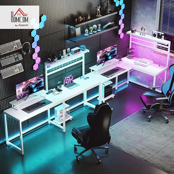 HOMCOM Gaming Desk 62 L Shaped Desk with Power Outlets &amp LED Lights 86 2 Person Computer Table with Shelf &amp Rolling CPU Stand Reversible Corner Office Table with Hutch White