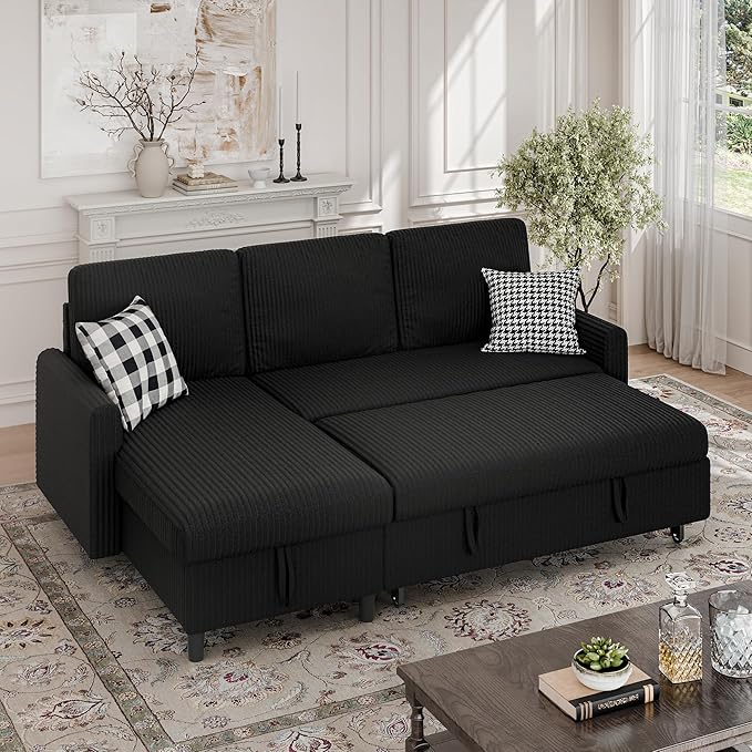 Walsunny Sectional Sofa Couch L Shaped Sleeper Sofa Bed Pull Out Bed with Storage Reversible Sectional Couches for Living Room Apartment Office(Black)