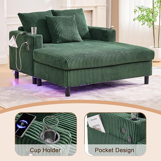 KEIKI 50 W Corduroy Oversized Recliner Single Sofa Couch with Deep Seat3 PillowsUSB ChargingCup Holder and Pocket for Bedroom