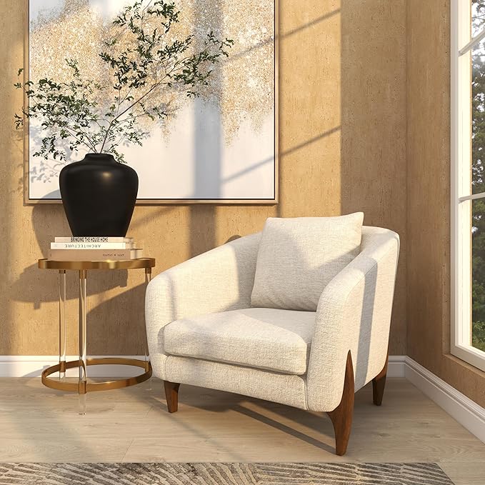 Deco 79 Polyester Living Room Accent Chair Rounded Boucle Side Chair with Brown Wooden Legs and Matching Pillow Corner Chair 32 x 32 x 31 White