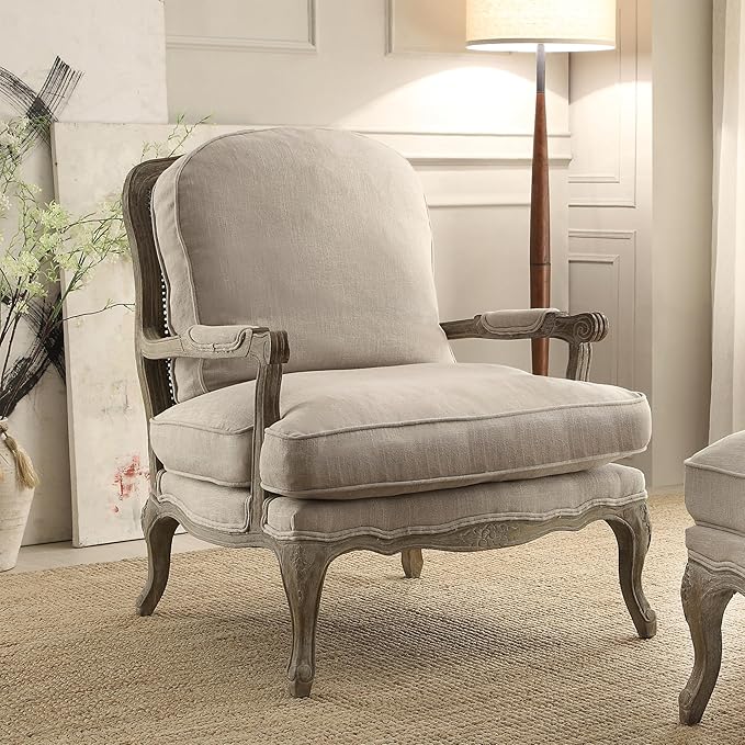 Lexicon Parlier Show Wood Accent Chair - Mid Century Modern Chair for Living Room Traditional French Country Style Padded Arms Reversible Cushion Solid Wood Frame Arrives Assembled Neutral