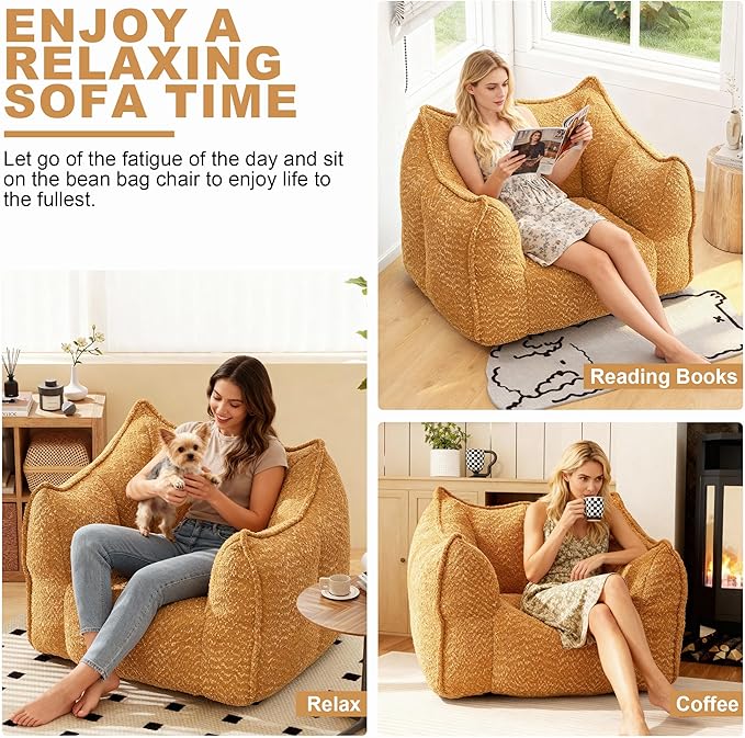 47.2 Inch Oversized 2 Piece Single Sofa Set Comfy Beanbag Chairs with Scratch-Resistant Pet-Friendly Chenille Modern Couch with Arms No Assembly Required Yellow
