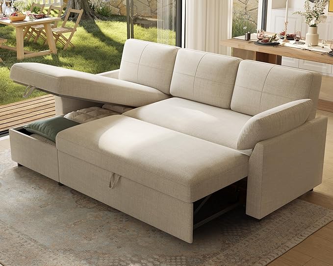 PaPaJet Sofa Bed Sleeper Sofa with Storage Chaise L Shaped Sofa with Pull Out Bed Oversized Sofas for Living Room Beige