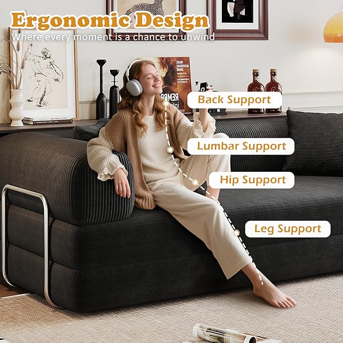 4-in-1 Corduroy Convertible Sleeper Sofa Bed 78.8 Boneless Couch with Pull-Out Bed No Assembly Required Futon Loveseat Floor Mattress with Stainless Fixed-Shape Frame for Living Room (Black) | Clo