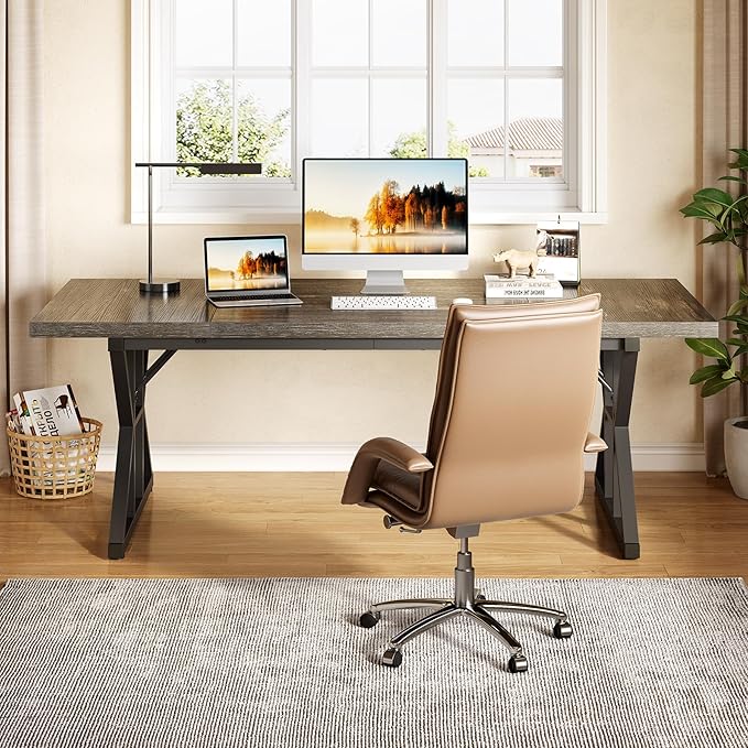 LITTLE TREE 70.8-Inch Large Executive Desk Extra Long Computer Office Desk Workstation Modern Simple Style Laptop Table Sturdy Wooden Writing Workstation for Home Black Oak