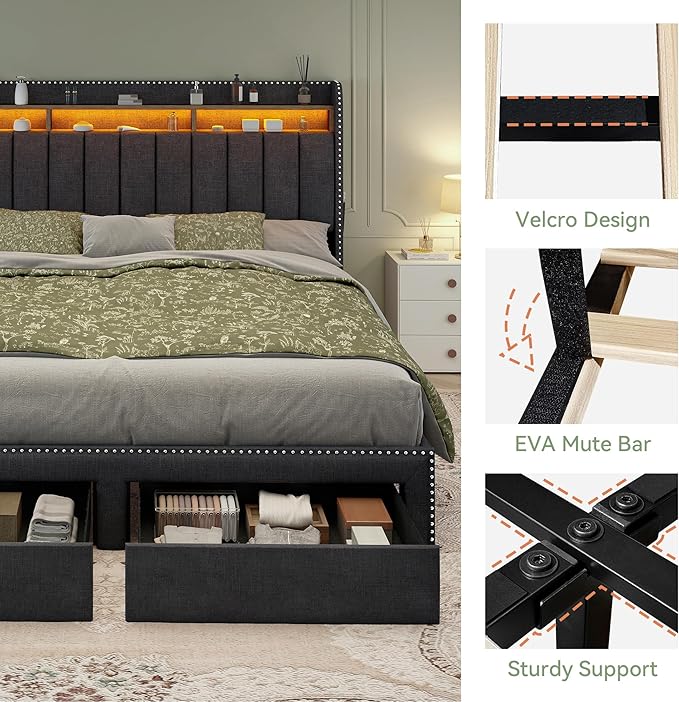 Torana Full LED Bed Frame with 2 Drawers Linen Upholstered Storage Wingback Headboard Beds Channel Tufted Platform Bedframe with Rivet Decor No Box Spring Needed Dark Grey