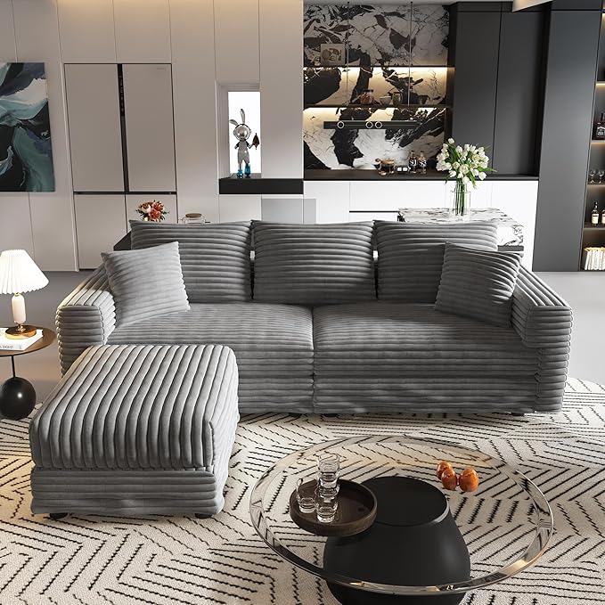 Cloud L Shaped Couch Modular Sectional Sofa 3 Seater Corduroy Cloud Sofa Couch with Ottoman 82.7'' Oversized Chaise Lounge Sleeper Sofas Deep Seat Sectional Couches for Living Room Grey