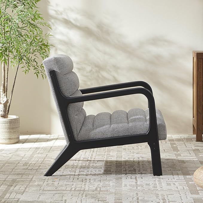 VKNOW Accent Chair with RubberWood Frame Mid-Century Modern Upholstered Reading Armchair High Back Lounge Armchair Living Room Chair for Bedroom Reading Room Grey