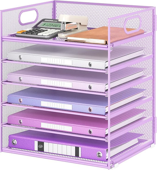 6 Tiers Letter Tray Paper Organizer with Handle Mesh Desk File Organizer Metal Desktop Document Shelf Organization Paper Sorter Organizer for Office Home or School File Folder Holder - Purple