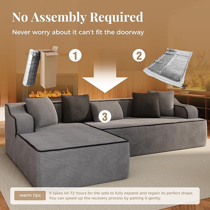 104 Cloud Boneless Sectional Couch with L-Shape Chaise Upholstered Corduroy Couch with Deep Seat No Assembly Required Compressed Sofa for Living Room Apartment Grey