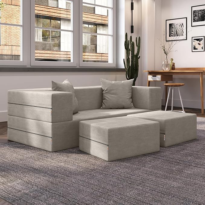 Jaxx Zipline Convertible Sleeper Loveseat &amp Ottomans Textured Microvelvet - Dove Grey