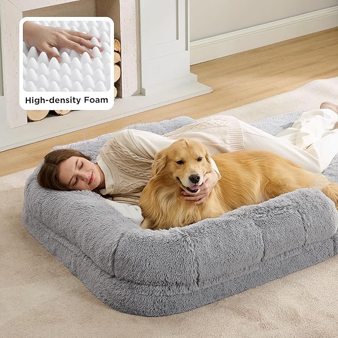 Bedsure Foldable Human Dog Bed -Giant Dog Bed for Adult People with Supportive Bolster Egg Foam Waterproof Liner Calming Fluffy Faux Fur Orthopedic Big Bean Bed Light Grey