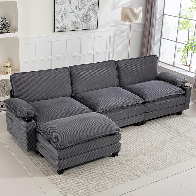 113 Cloud Sectional Couch Modular L Shaped Sofa with Movable Ottoman Comfy Corduroy Deep Seat Sofa with Cup Holders Storage Bags Couches for Living Room