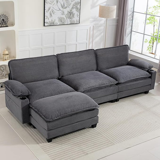 113 Cloud Sectional Couch Modular L Shaped Sofa with Movable Ottoman Comfy Corduroy Deep Seat Sofa with Cup Holders Storage Bags Couches for Living Room