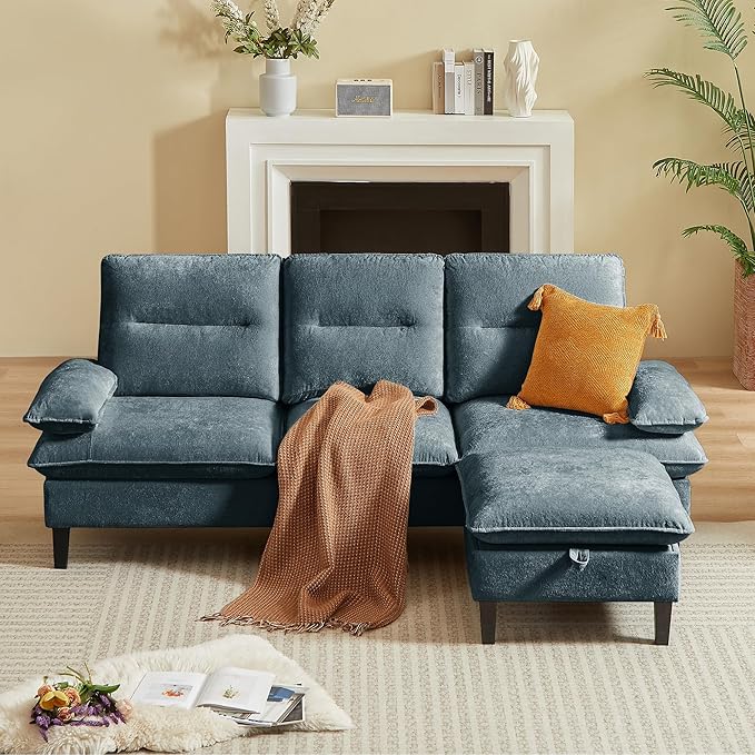 86'' Chenille Sofa with Storage Ottoman Modern Living Room Sofa with Removable Washable Cushion 3 Seater Comfy Couch for Apartment Bedroom Office (Dark Grey)