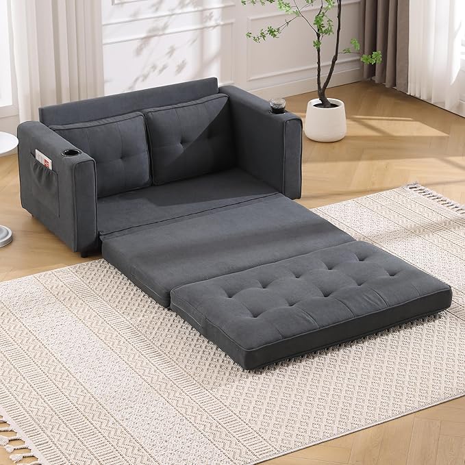 Merax Futon Sofa Bed 3 in 1 Convertible Loveseat Sleeper with Pull Out Bed Foldable Tufted Sofa Bed Couch W/Cup Holder and Side Pockets for Living Room Bedroom Office Dark Gray