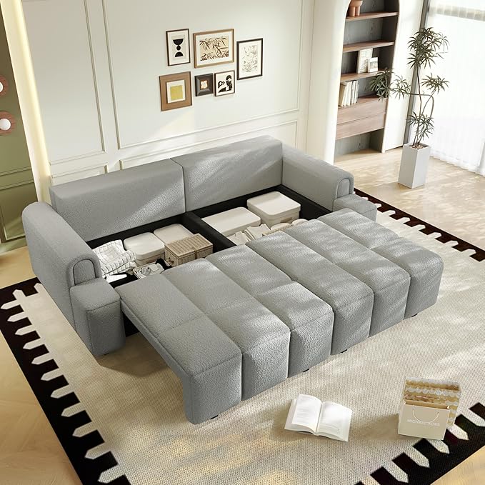 KEIKI 90.2 Space-Saving Convertible Sofa Bed – 3-in-1 Sleeper Couch with Deep Seats Storage Modern Teddy Fabric Sofa for Apartment Small Spaces Studio Living Multifunctional Sofa Bed with Wheels