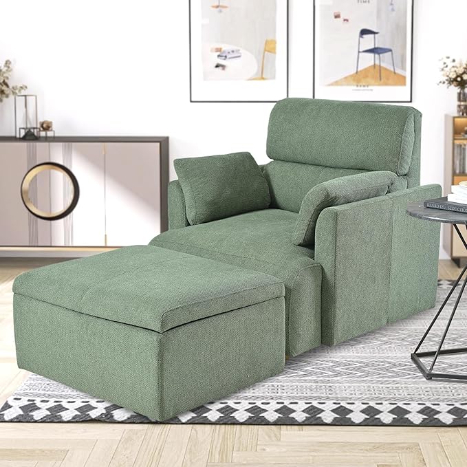 Snowflake Fleece Oversized Accent Chair with Storage Ottoman - 26.57 Wide Deep Seat Reading Chair Convertible Daybed 400lbs Capacity for Living Room &amp Apartment (Green)