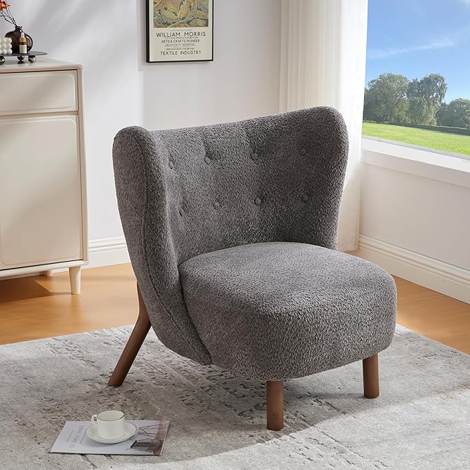 Scott Living Aurora Boucle Upholstered Wingback Accent Chair Solid Wood Living Room Slipper Chair Bedroom Comfy Reading Chair Dark Grey