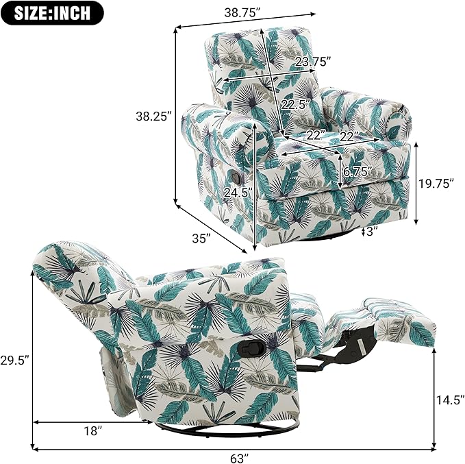 Christopher Knight Home Besty Chenille Upholstered Swivel Recliner Chair Wooden Swivel Accent Chair with Adjustable Backrest Super Comfort Rocker Recliner Sofa for Living Room/Bedroom Green+White
