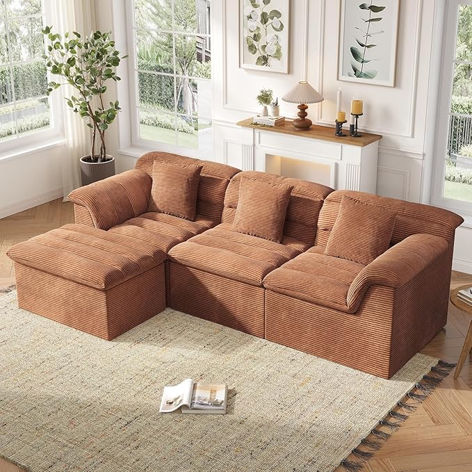112 Modular Cloud Sectional Couch with Ottoman Modern Upholstered Compressed Sofa with Deep Seat Comfy L-Shape Corduroy Couches for Living Room No Assembly Required Toffee