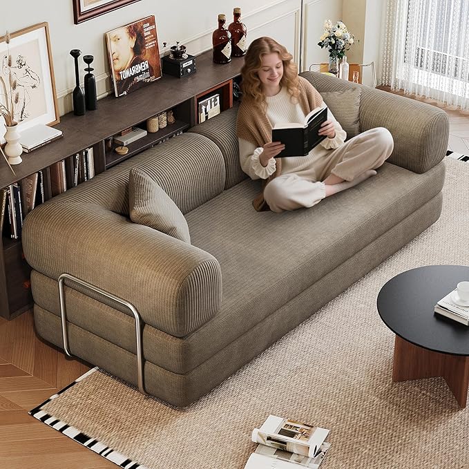 KEIKI 78.8 inch Compression Sofa Convertible Floor Sofa Bed Comfy Futon Couch Sleeper Bed Corduroy Folding Loveseats for Living Room Camel