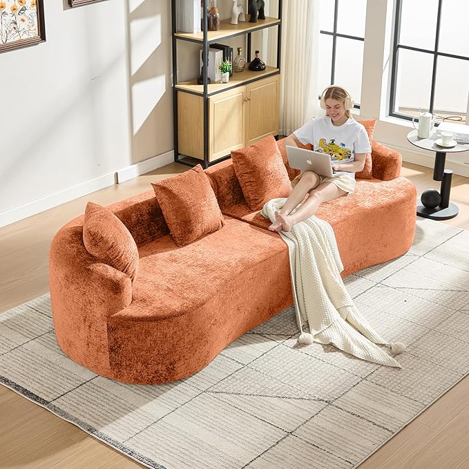Curved Sectional Couch 110 Chenille Cloud Sofa with 4 Pillows 4-Seater Sleeper Sofa for Living Room Apartment Full Compression Sponge (Orange 110 Inch)