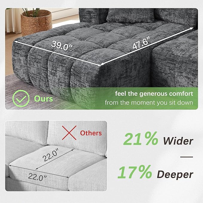 108 Luxury L-Shaped Sectional Sofa 4-Seater Modular Cloud Couch with Pillows Chenille Upholstered Full Foam Floor Sofa for Living Room No Assembly Dark Grey