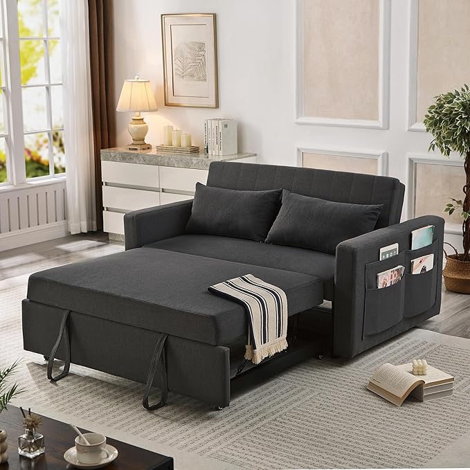 55.5 Fabric Convertible Sofa Bed Pull Out Sleeper Sofa Bed Loveseat Couch with Side Pocket 3 in 1 Convertible Sleeper Sofa Bed for Living Room Apartment Bedroom RV Black