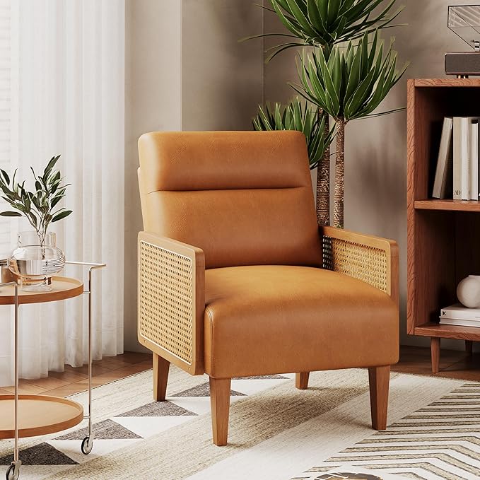 HAOBO Home Mid Century Modern Accent Chair Upholstered Living Room Chairs Armchair with Rattan Armrest Comfy Reading Chair with Wood Frame Lounge Side Chair