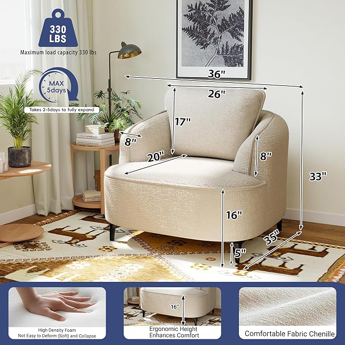 36 Lounge Chair with Metal Leg Accent Chair with Plush Chenille Upholstery Ergonomic Back &amp Boneless Comfort for Living Room Bedroom Office No-Assembly Beige