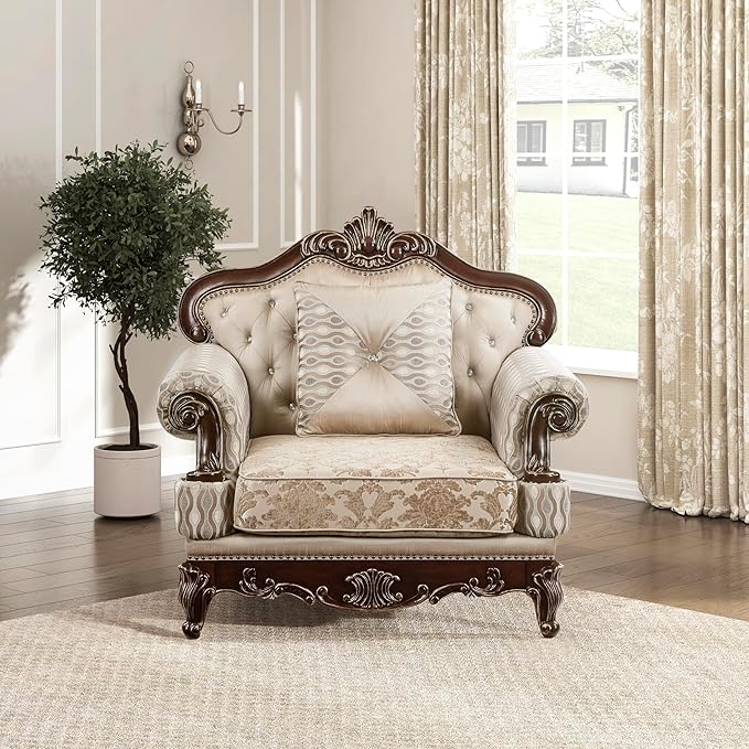 Lexicon Traditional Sofa Chair for Living Room Accent Chair with Tufting Queen Legs in Cherry Finish with Gold Tipping Upholstered Armchair Comfy Chair for Bedroom/Office/Waiting Room Brown