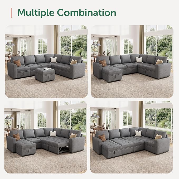 HONBAY Modular Sectional Couch with Pull Out Bed Sleeper Sofa with Storage U Shaped Modular Sectional Couches for Living RoomMid Grey