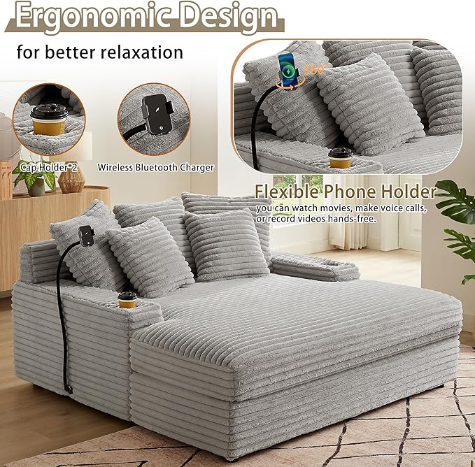 65.35 Oversized Chaise Lounge Chair for 2 Upholstered Sleeper Sofa Bed with Cup Holders | Charging Station | Removable Backrest | Backrest Pilow Fluffy Chair Sofa Couch for Living Room