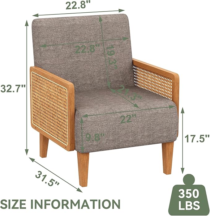 Accent Chair Mid Century Modern Living Room Chairs Rattan Armrest Upholstered Armchair with Solid Wood Legs Bedroom Reading Chair Taupe