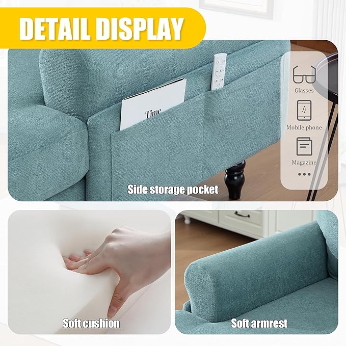 KEIKI Chaise Lounge Chair Indoor Oversized Accent Chenille Armchair with Storage Leisure Sleeper Single Sofa Side Chair Corner Recliner Arm Chairs for Living Room Reading Easy Assembly Mint Green