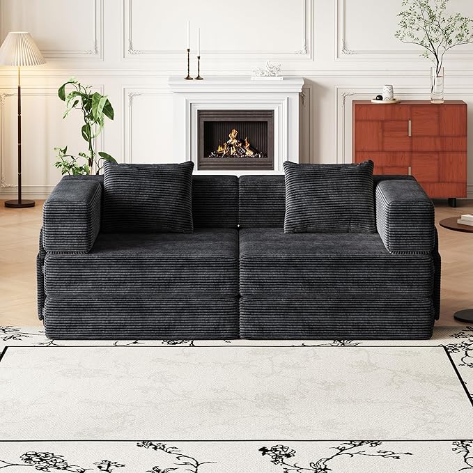 KEIKI 72.4'' Convertible Sofa Bed 2 Seat Corduroy Fabric Sofa with Two Side Storage Pockets and Two Cushions Comfortable Folding Sleeper Carpeted Couch for Living Room Bedroom and Study Black