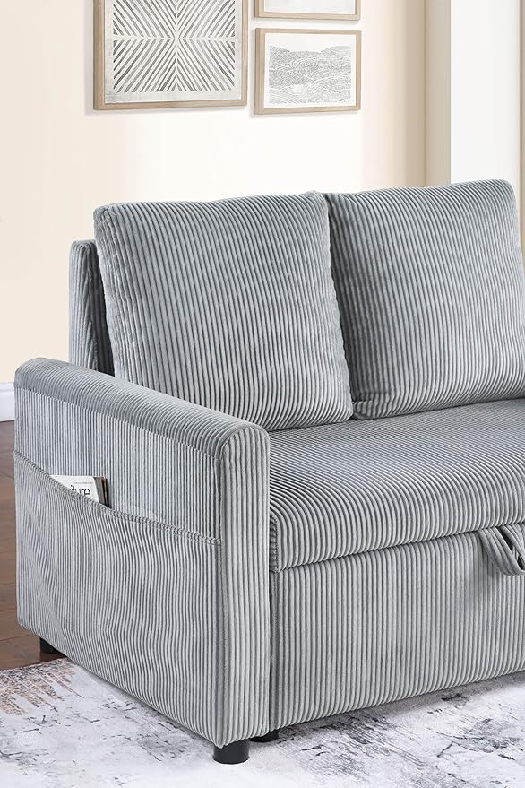 Lilola Home Oswin 70 W Gray Corduroy Fabric Sleeper Sofa with Pull-Out Chaise and Tufted Cushions – Modern Space-Saving Convertible Couch for Small Apartments or Guest Rooms