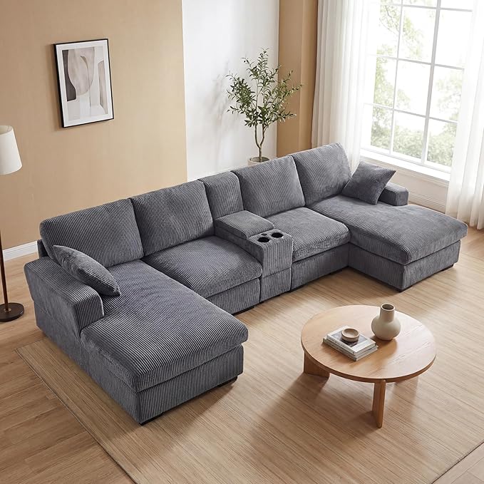 126 U Shaped Sofa Modular Sectional Sofa with Chaise Lounges Modern Couch with Storage Console USB Charging Ports &amp Cup Holders Corduoy Upholstered Deep Seat Couch for Living Room Grey | sto