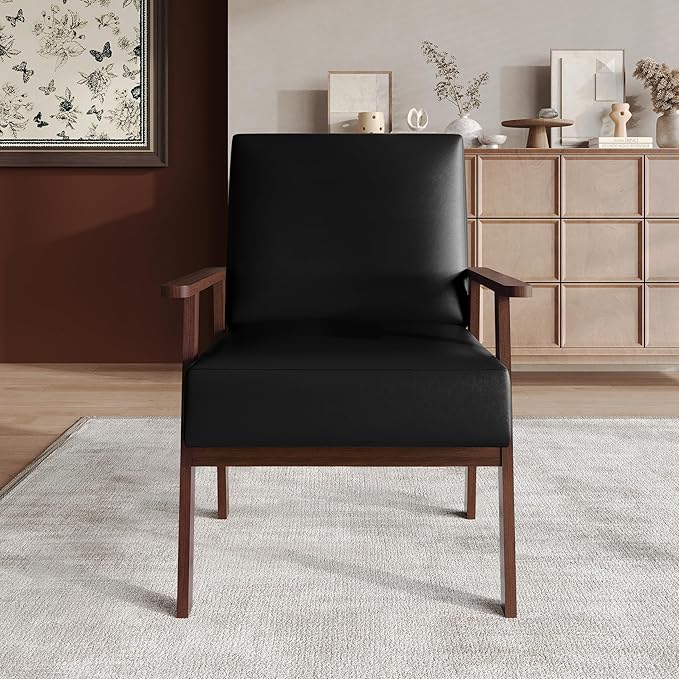 Mid-Century Modern Accent Chair Polyurethane Upholstery Wooden Armrests Cushioned Seat Easy Assembly Black